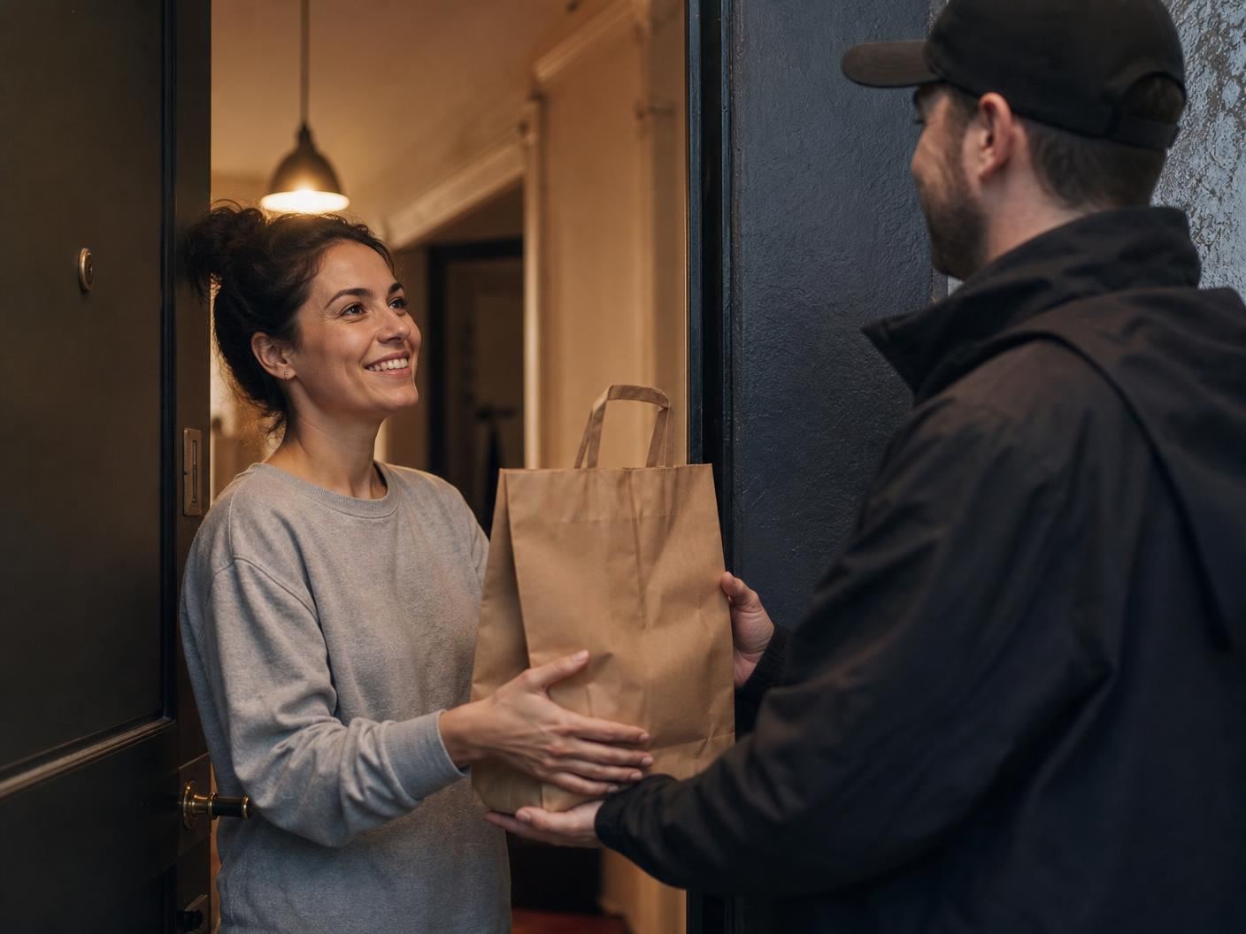 Une cliente reçoit sa commande dans un sac papier des mains d'un livreur sur le pas de sa porte.